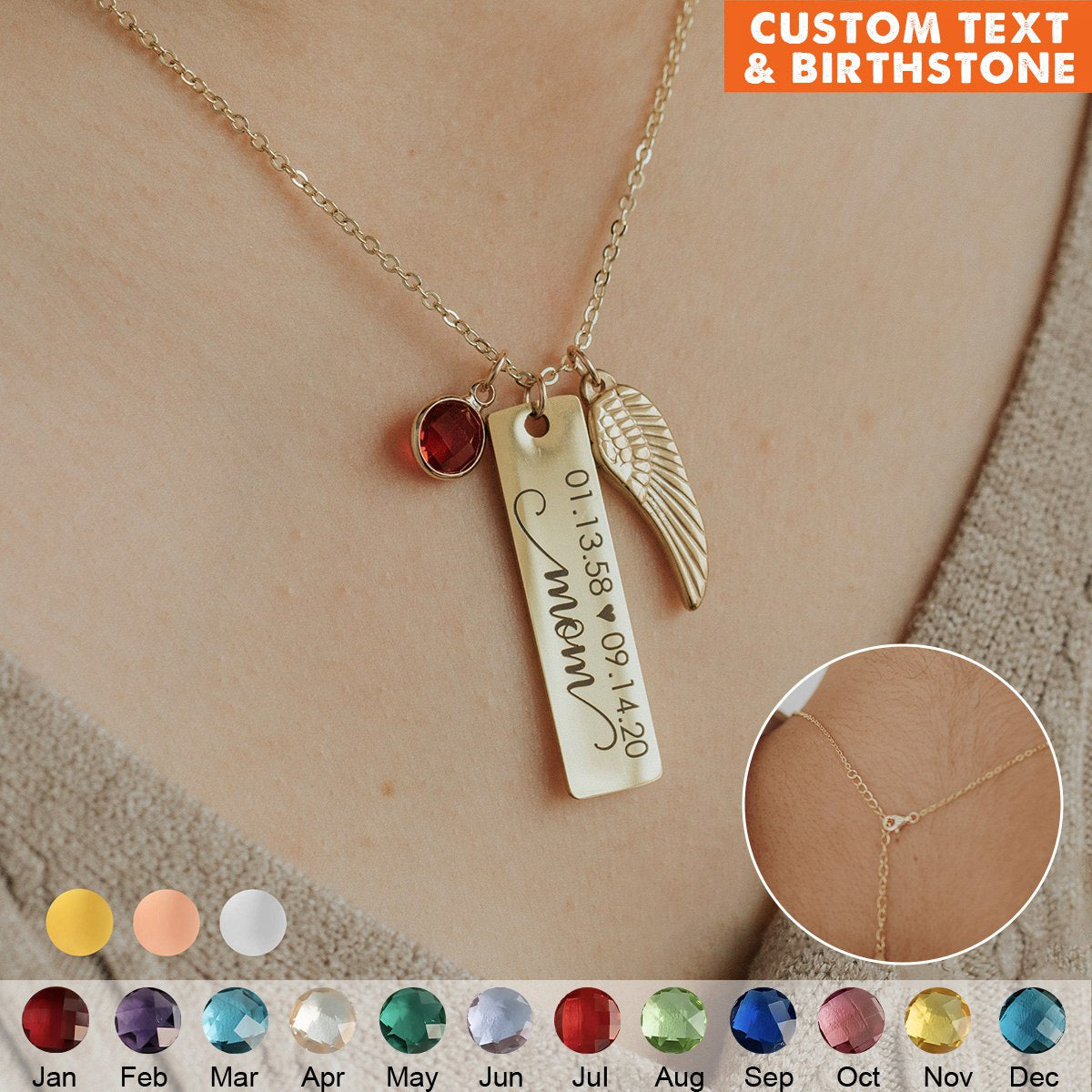 Memorial wing and birthstone necklace — example engraving, view 1