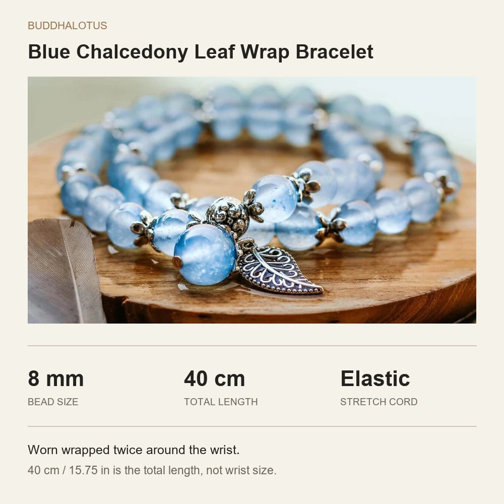Size guide: 8 mm beads, 40 cm total length and elastic cord; worn wrapped twice around the wrist