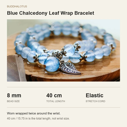 Size guide: 8 mm beads, 40 cm total length and elastic cord; worn wrapped twice around the wrist