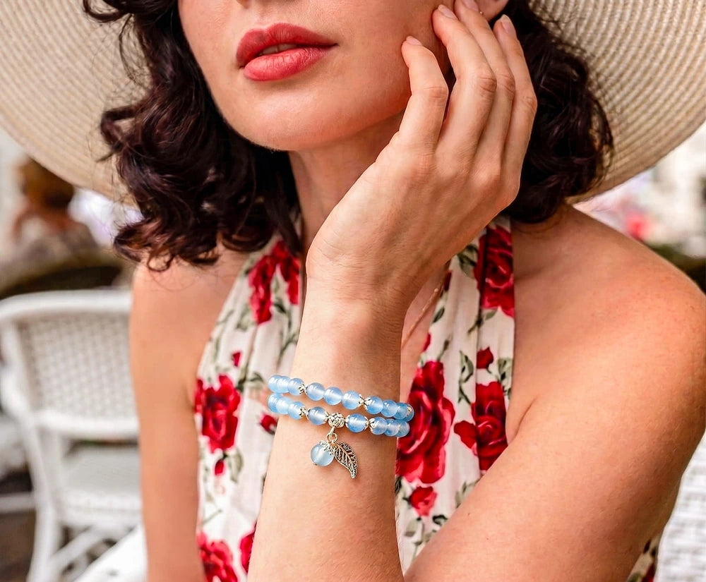Blue chalcedony wrap bracelet styled with a red patterned summer top
