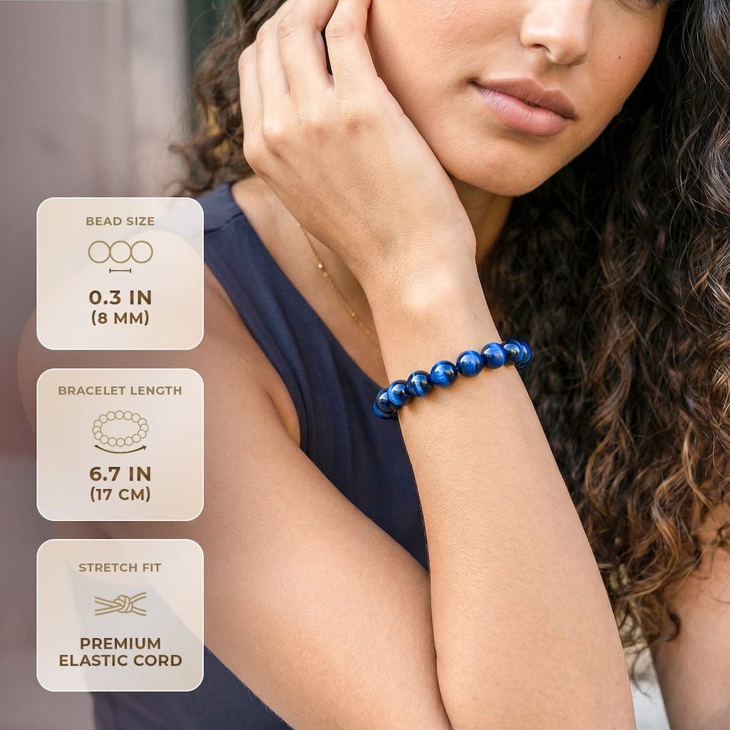 saltlume.com Blue Tiger's Eye Bracelet - size guide showing 8 mm beads, 17 cm length and an elastic cord