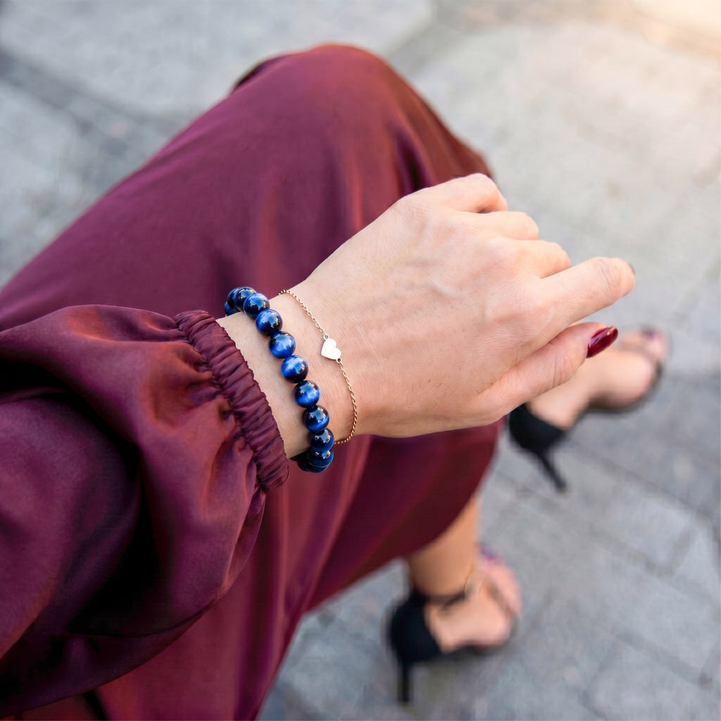saltlume.com Blue Tiger's Eye Bracelet - bracelet worn with a burgundy outfit
