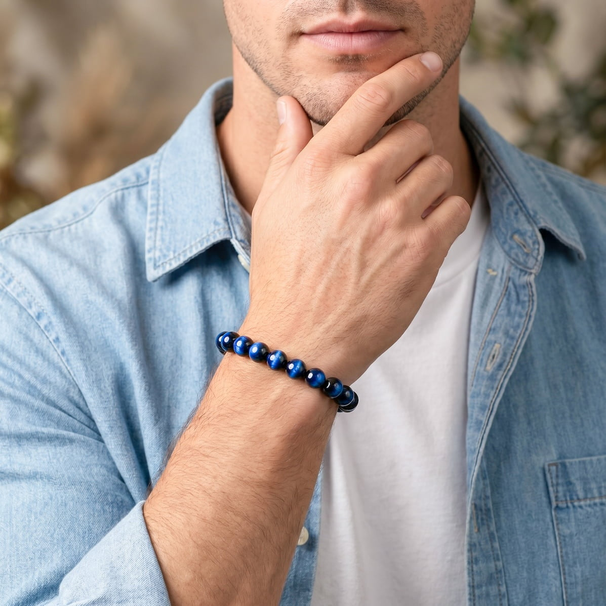 saltlume.com Blue Tiger's Eye Bracelet - bracelet styled with a denim shirt