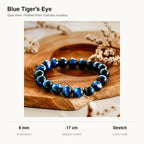 saltlume.com Blue Tiger's Eye Bracelet details: dyed tiger's eye, 8 mm beads, 17 cm length and elastic cord