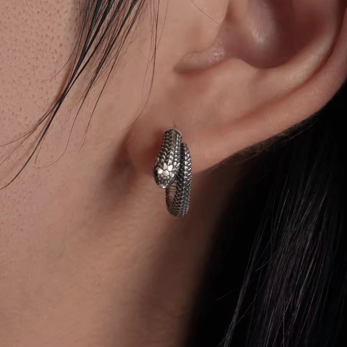 Oxideized Silver Hognose Snake Earrings For Women