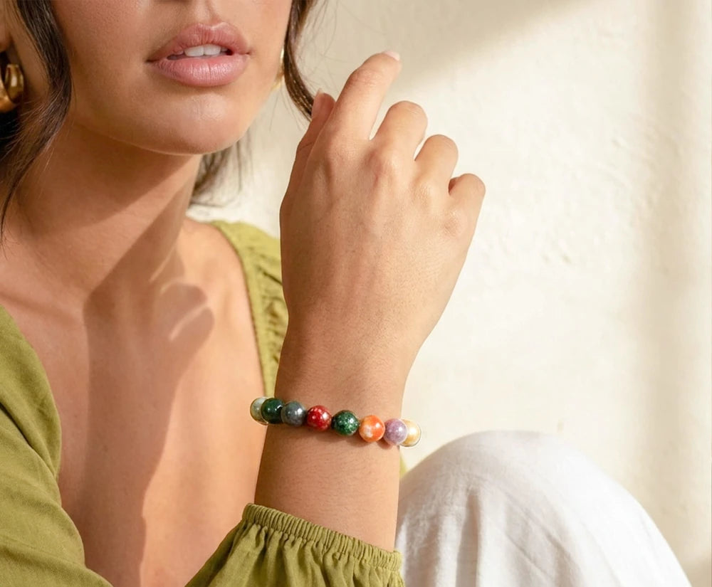 Indian agate bracelet styled with a soft green top