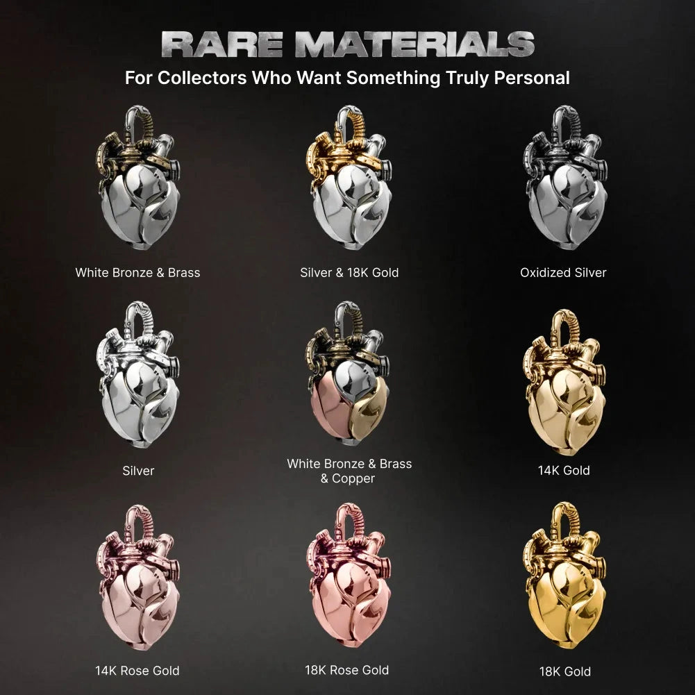 Copper & White Bronze Mechanical Heart Pendant material and precious metal options