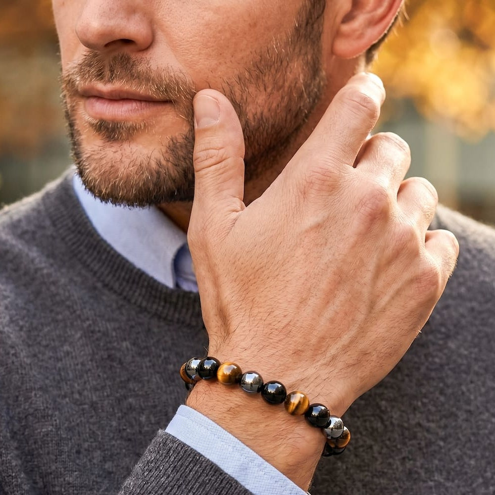 saltlume.com Triple Protection Bracelet styled with a knit sweater