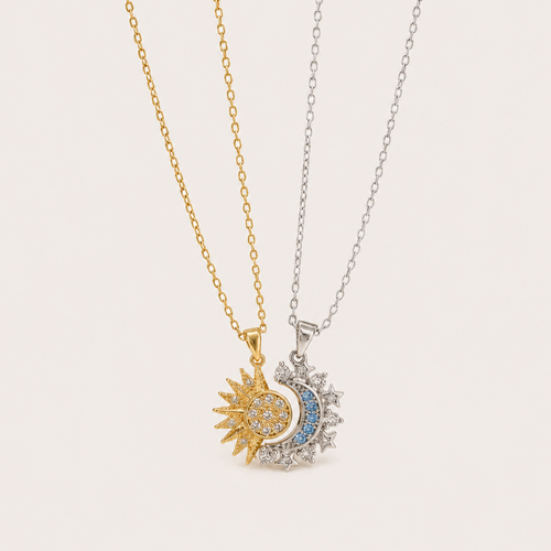 Gold-tone sun and silver-tone moon magnetic necklace set with zircon details