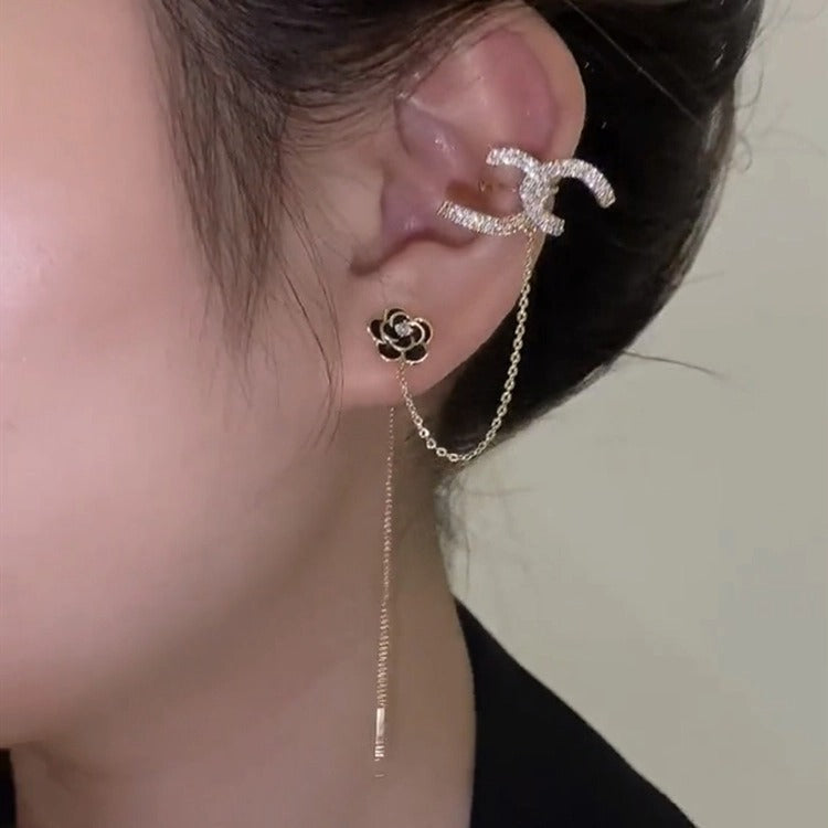 C-Shaped Black Camellia Microset Zircon Earrings