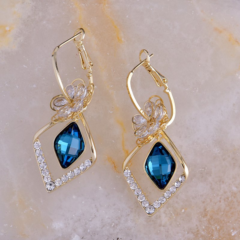Flower Zircon Rhombic Sapphire Drop Earrings