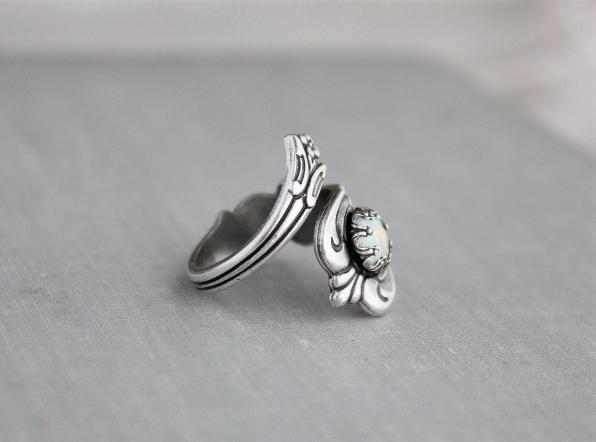 S925 Sterling Silver White Opal Spoon Ring