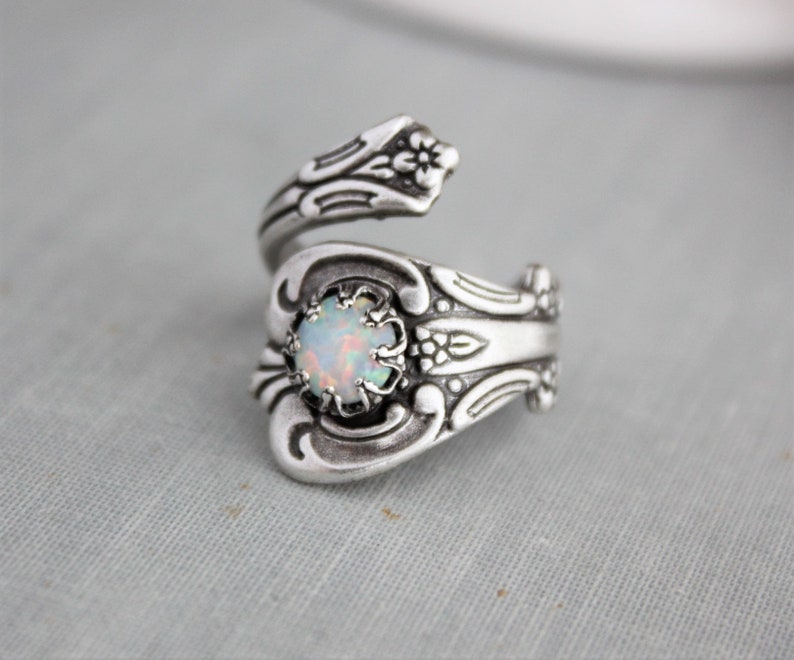 S925 Sterling Silver White Opal Spoon Ring