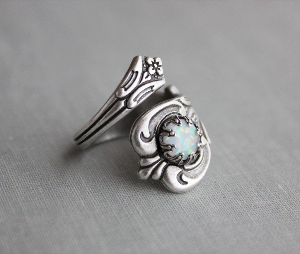 S925 Sterling Silver White Opal Spoon Ring