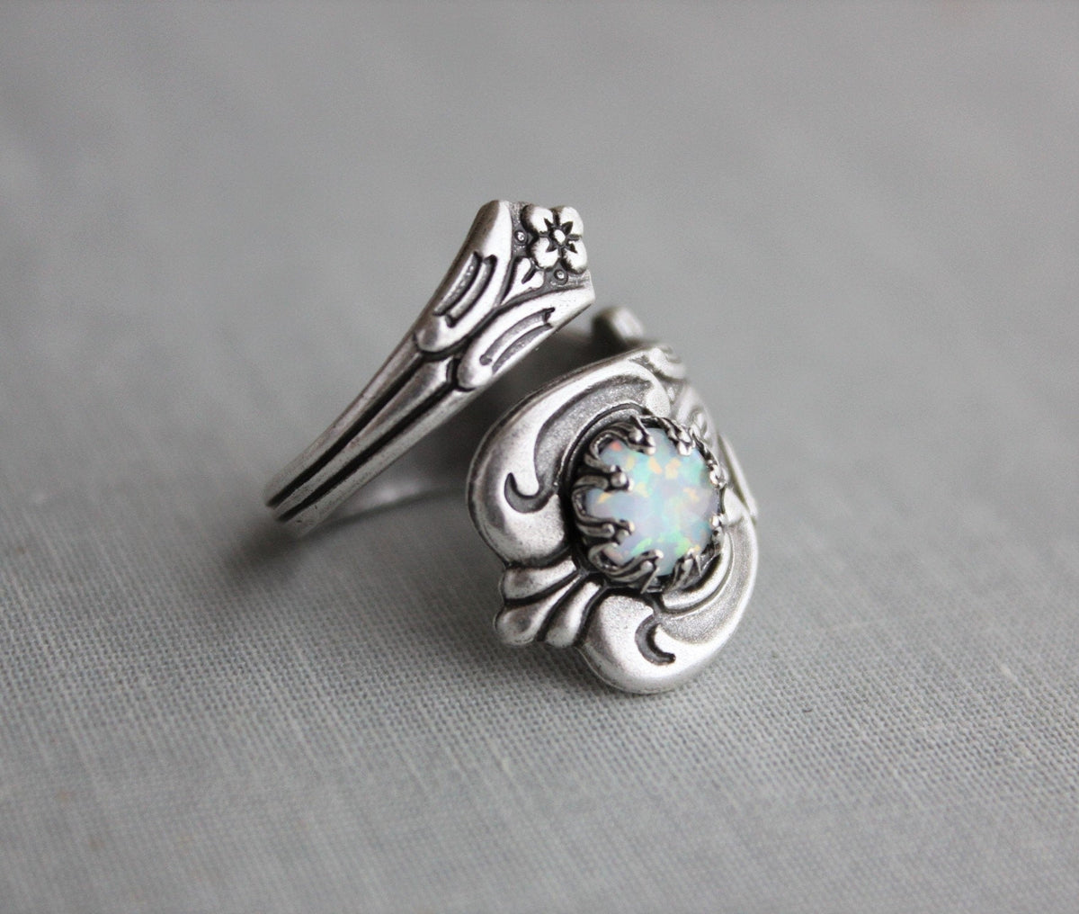 S925 Sterling Silver White Opal Spoon Ring