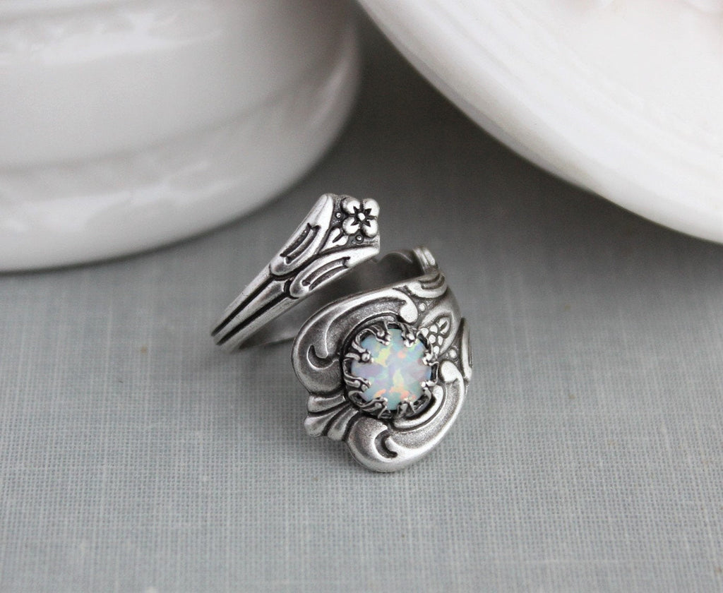 S925 Sterling Silver White Opal Spoon Ring