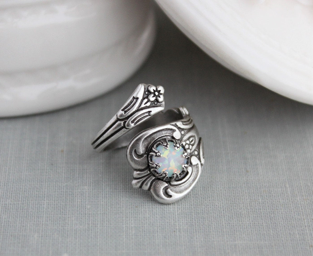 S925 Sterling Silver White Opal Spoon Ring