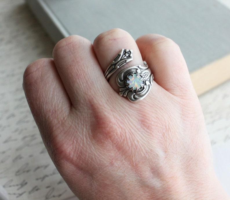 S925 Sterling Silver White Opal Spoon Ring