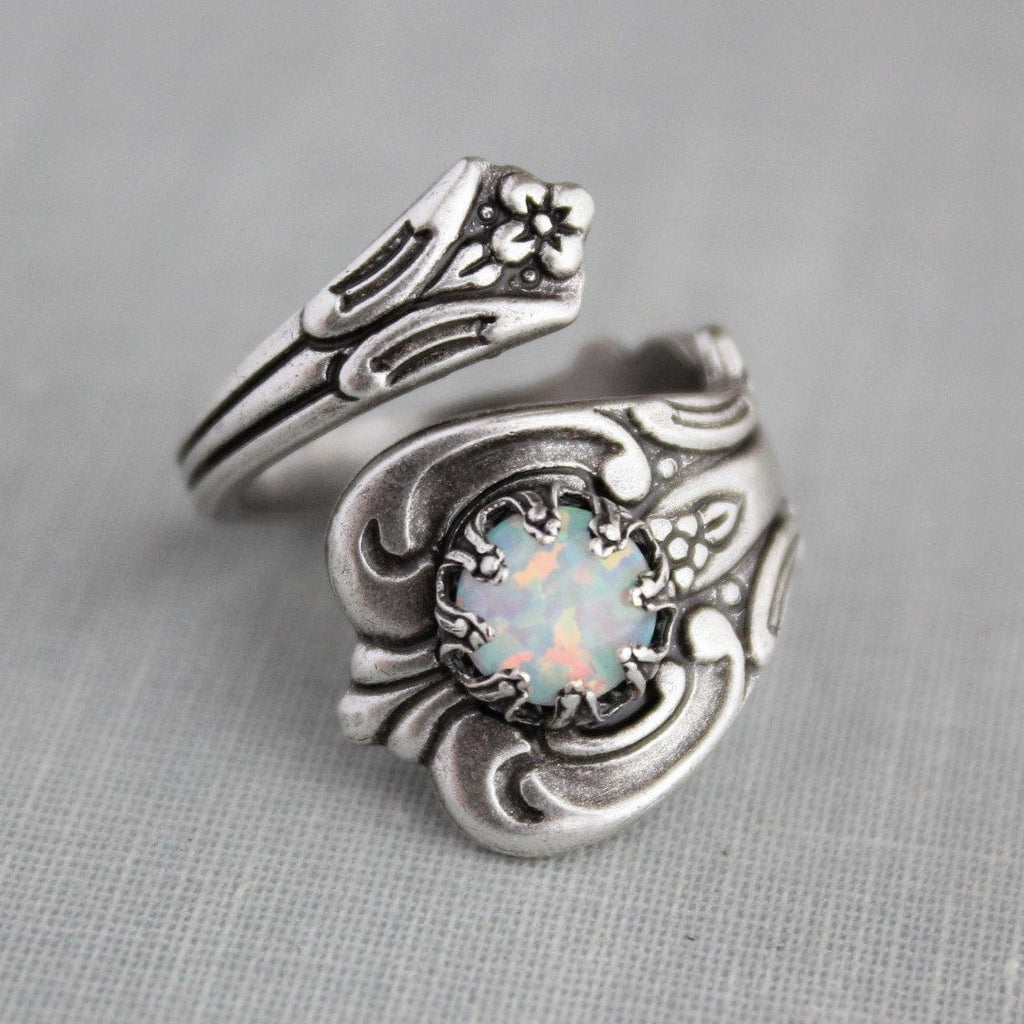 S925 Sterling Silver White Opal Spoon Ring