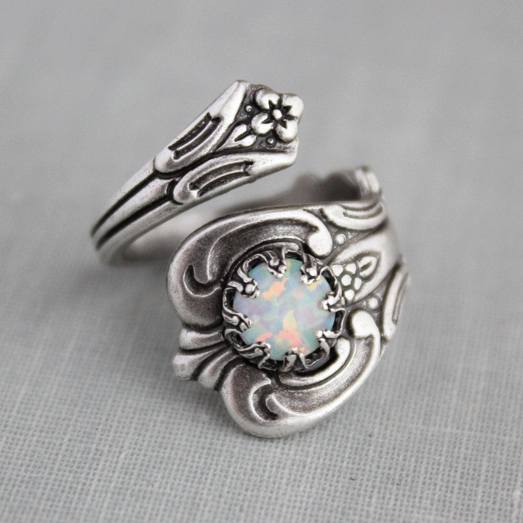 S925 Sterling Silver White Opal Spoon Ring