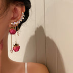 Rhinestone Pearl Dried Rose Flower Earrings