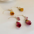 Pearl Dried Rose Flower Earrings