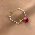 Branch Pearl Dried Rose Flower Bracelet Necklace