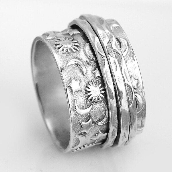 925 Sterling Silver Star Moon and Sun Spinner Ring