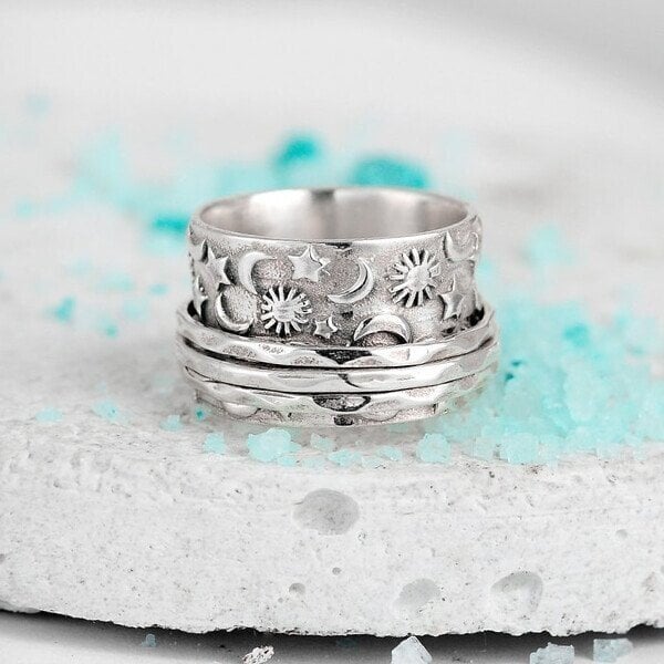 925 Sterling Silver Star Moon and Sun Spinner Ring
