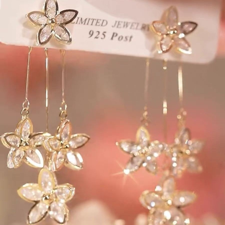 Zircon Tassel Floral Earrings