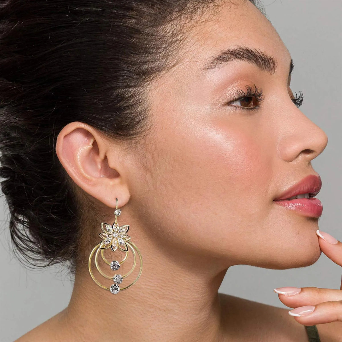 Italian Style Crystal Lotus Hoop Earrings