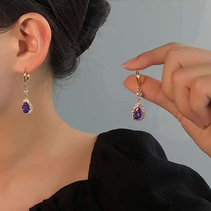 Mother'S Day Purple Zircon Drop Shape Earrings