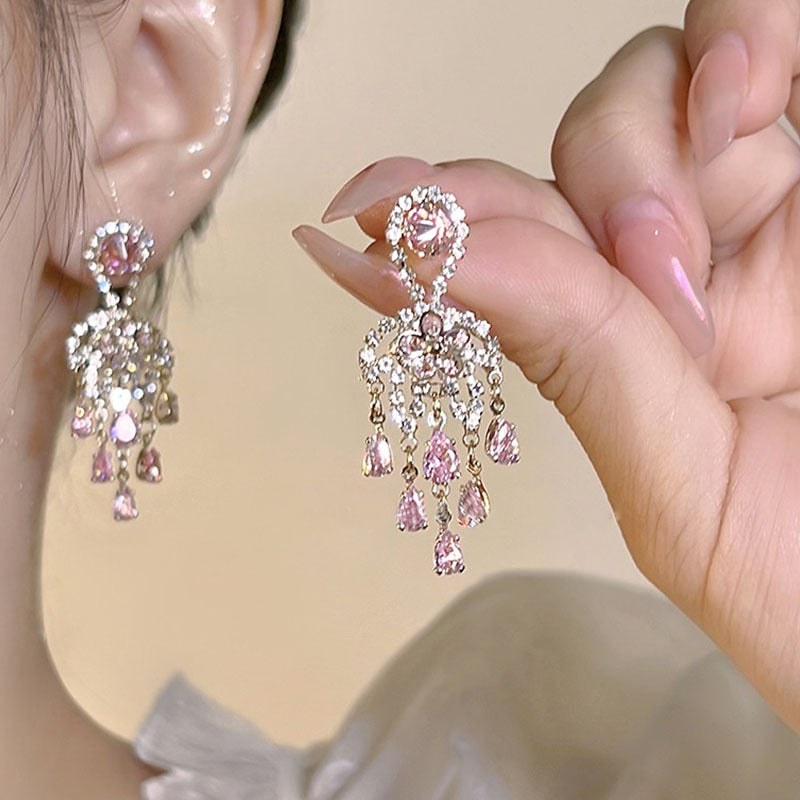 Shiny Pink Tassel Earrings