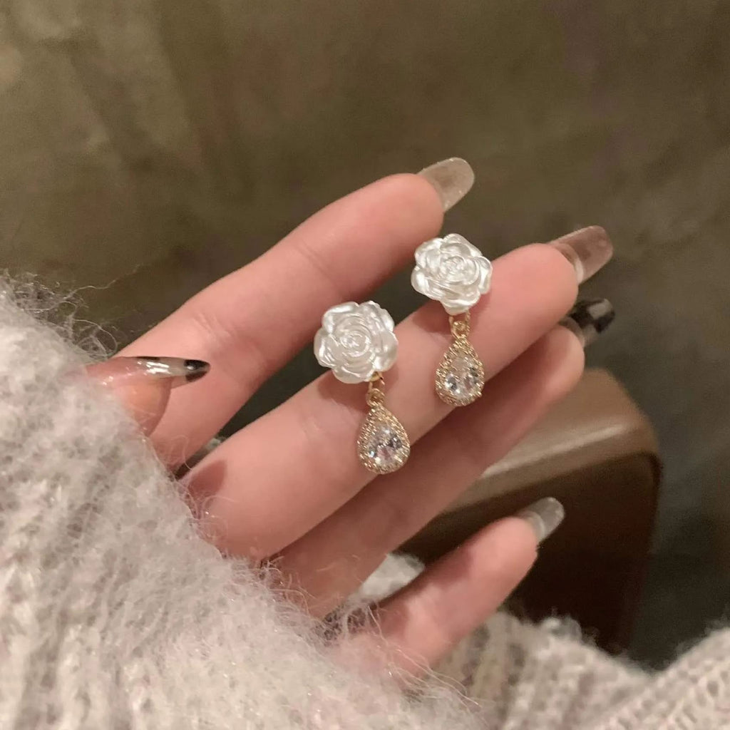 White Camellia Diamond Earrings