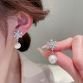 Zircon Snowflake Pearl Earrings