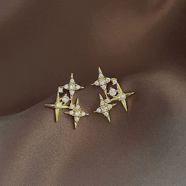 Sparkling Star Silver Needle Stud Earrings