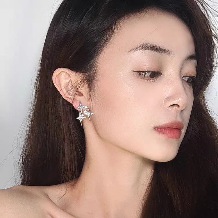 Sparkling Star Silver Needle Stud Earrings