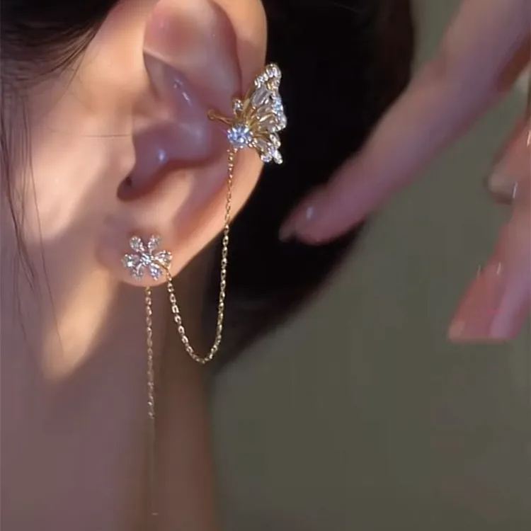 Flower Butterfly Tassel Style Zircon Earrings