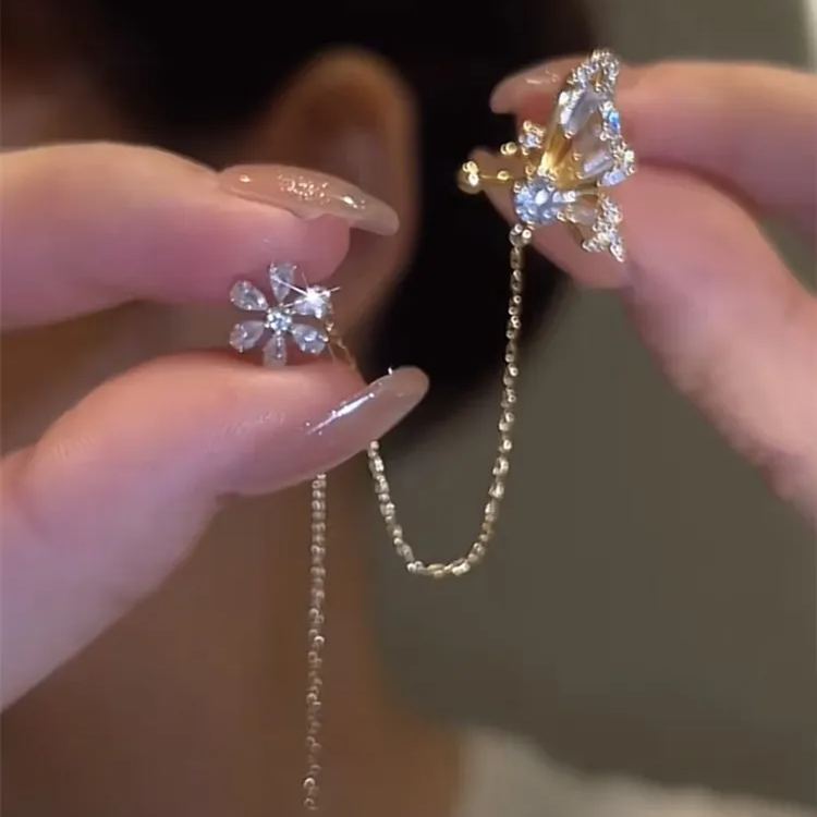 Flower Butterfly Tassel Style Zircon Earrings