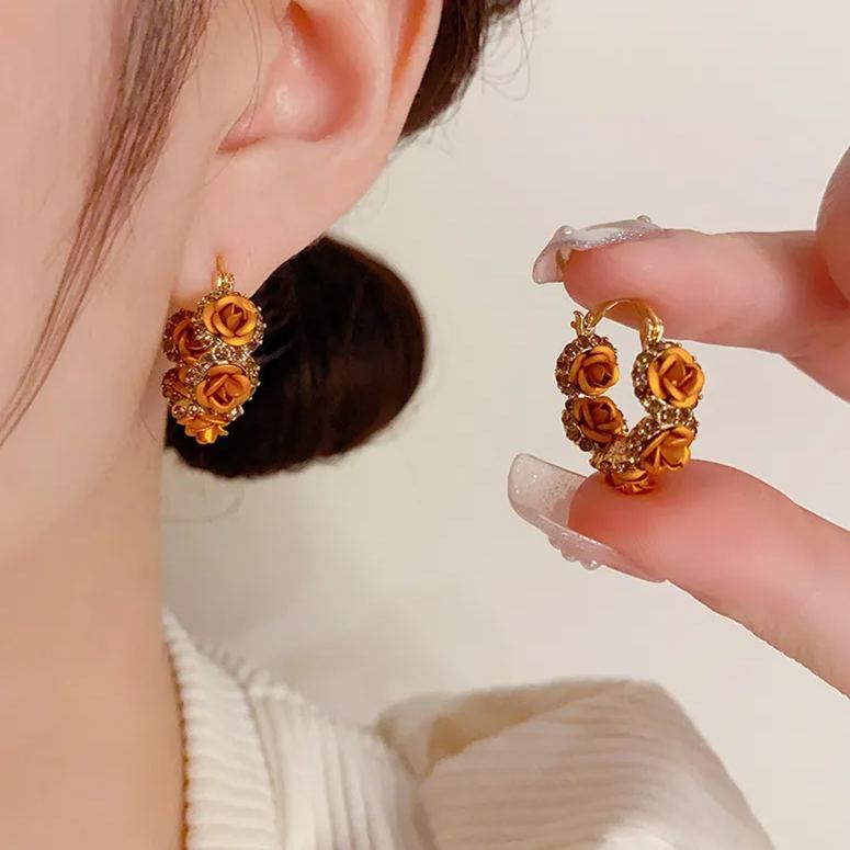French Style Retro Champagne Rose Earrings