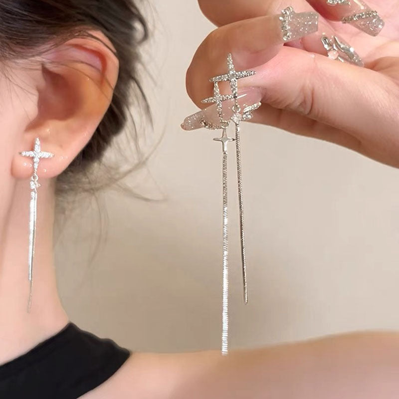 Irregular Cross Star Zircon Tassel Earrings