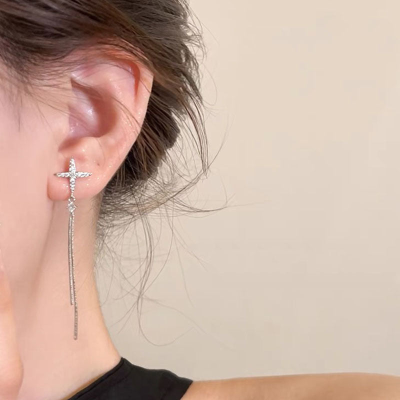 Irregular Cross Star Zircon Tassel Earrings