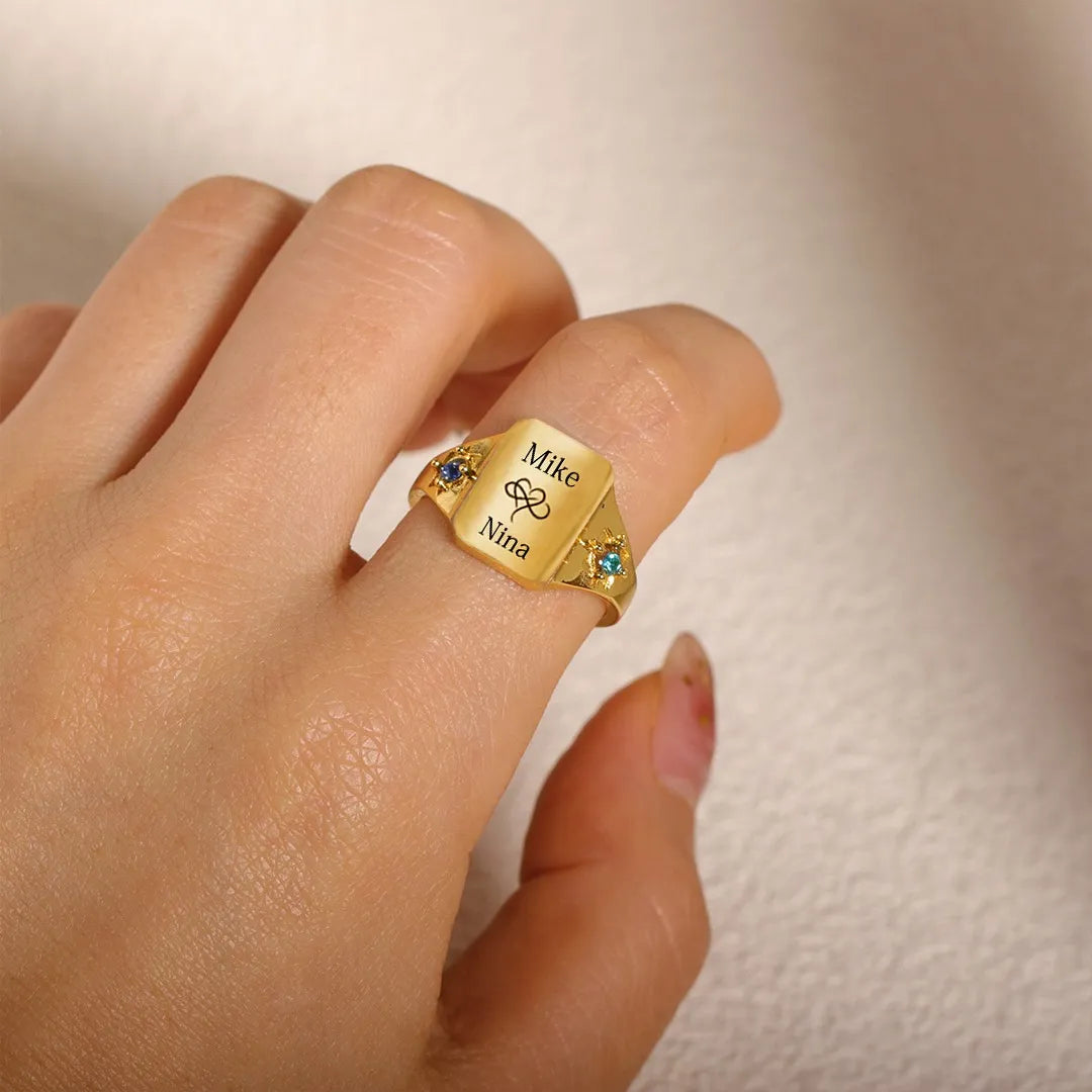 For Love - Custom Names And Birthstones Dainty Ring