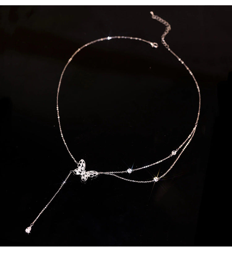 Sparkling Zircon Butterfly Tassel Necklace