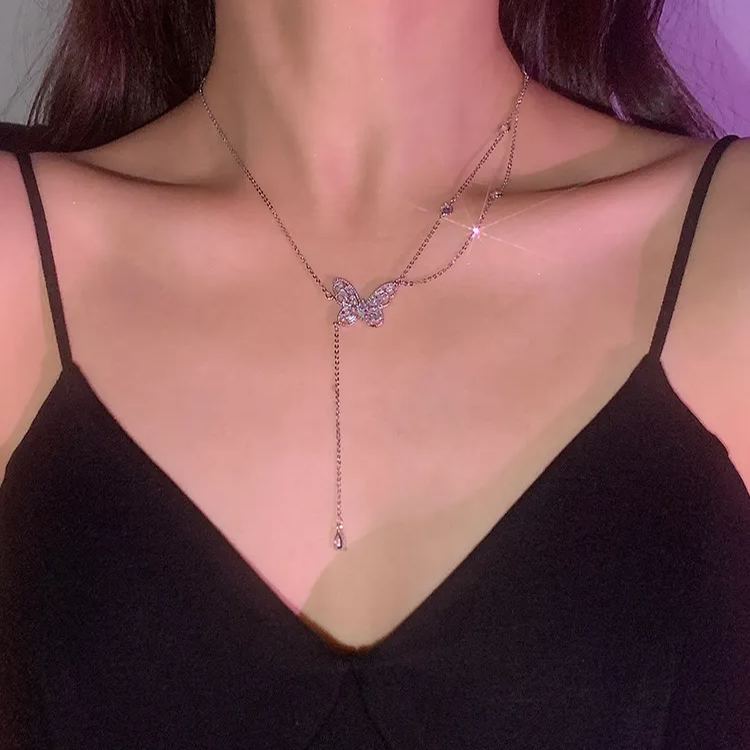Sparkling Zircon Butterfly Tassel Necklace