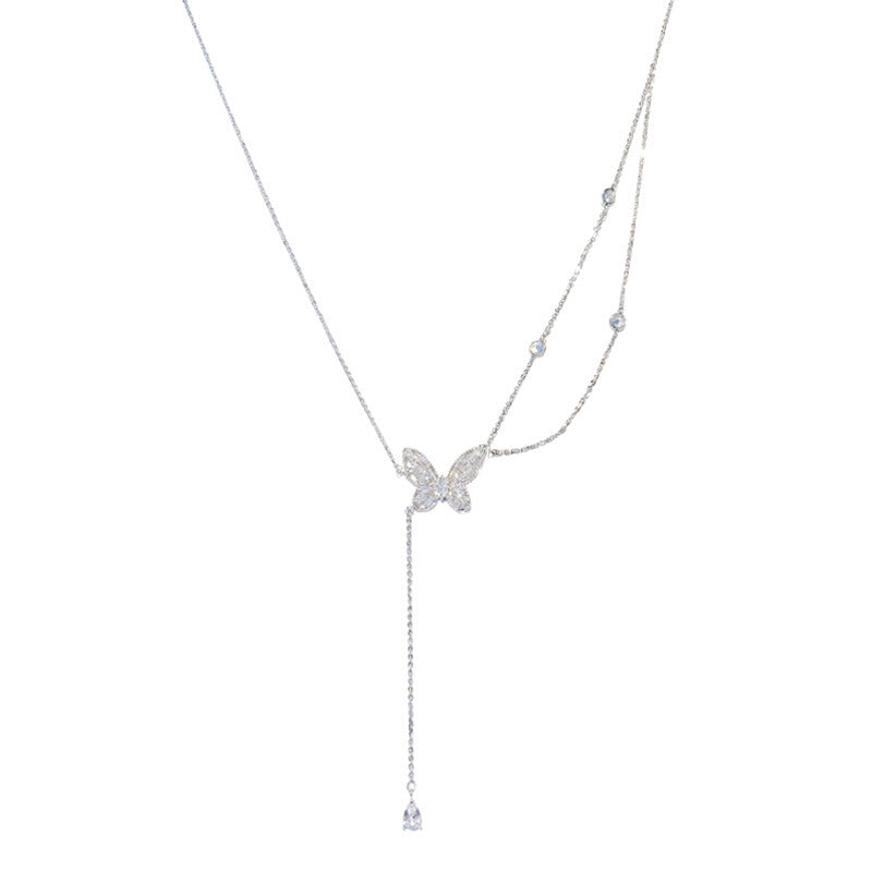 Sparkling Zircon Butterfly Tassel Necklace