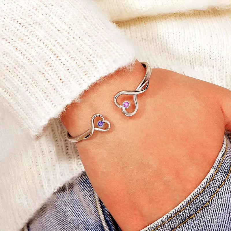 Mother And Daughter Forever Link Double Heart Custom Birthstone Bracelet