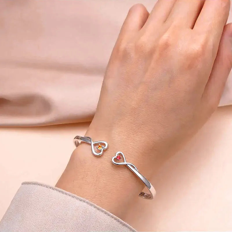 Mother And Daughter Forever Link Double Heart Custom Birthstone Bracelet