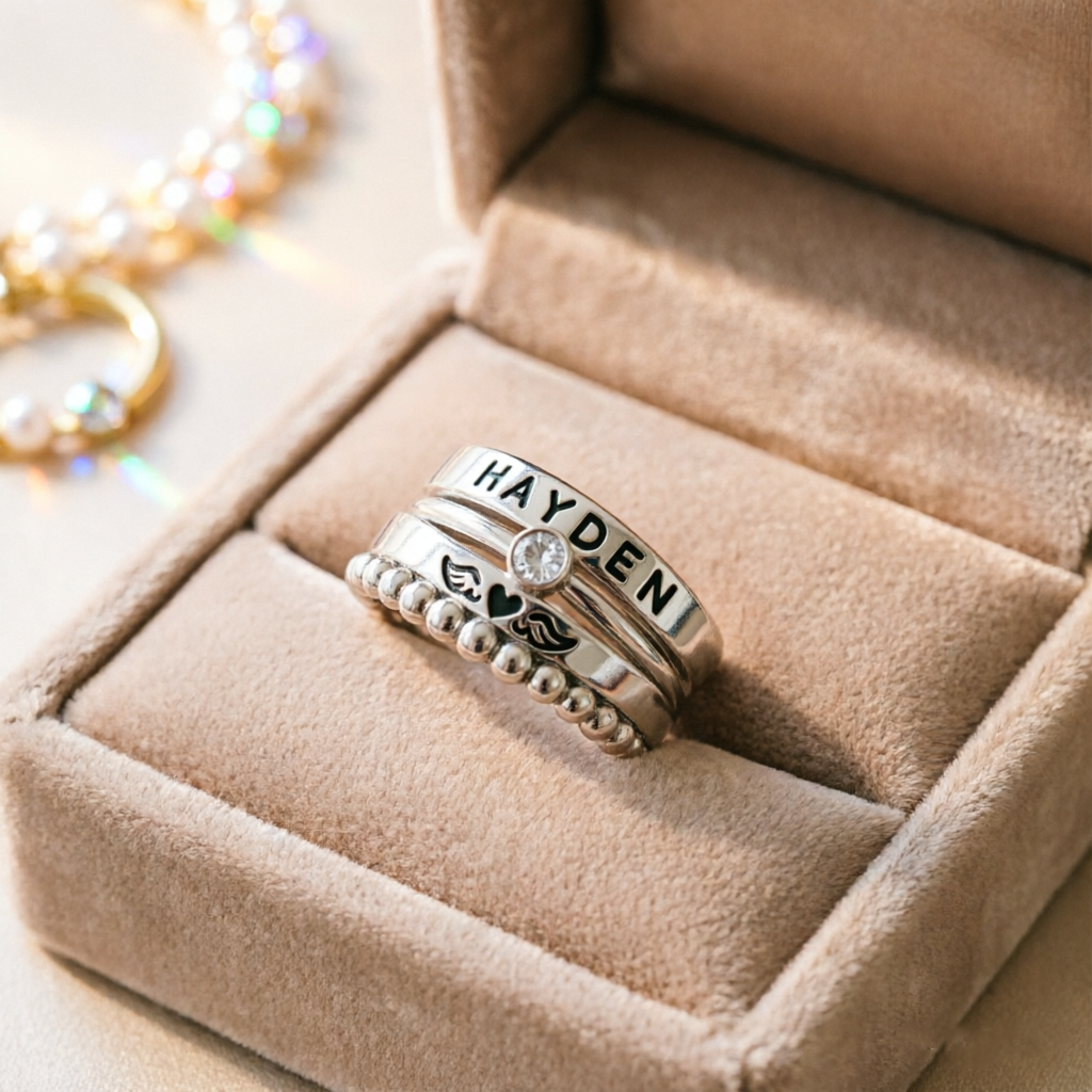 For Memorial- Angel Wings Custom Birthstone&Name Stacked Ring