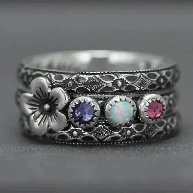Multi Birthstone Floral Ring Set